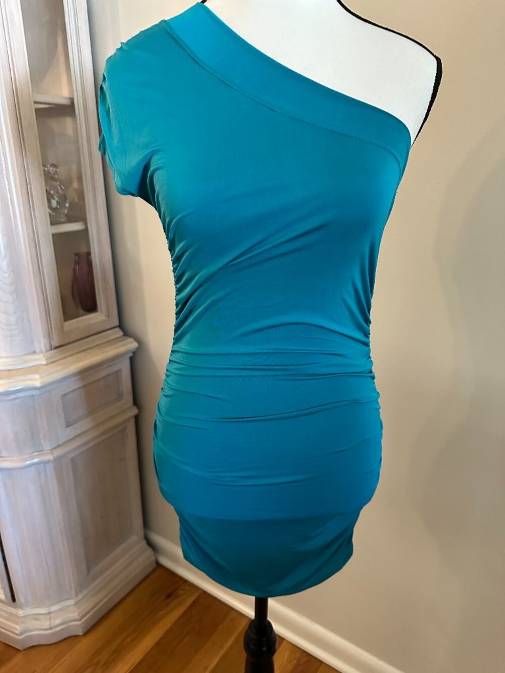 NWT Marciano Teal Blue One Shoulder Ruched Bodycon Mini Dress S